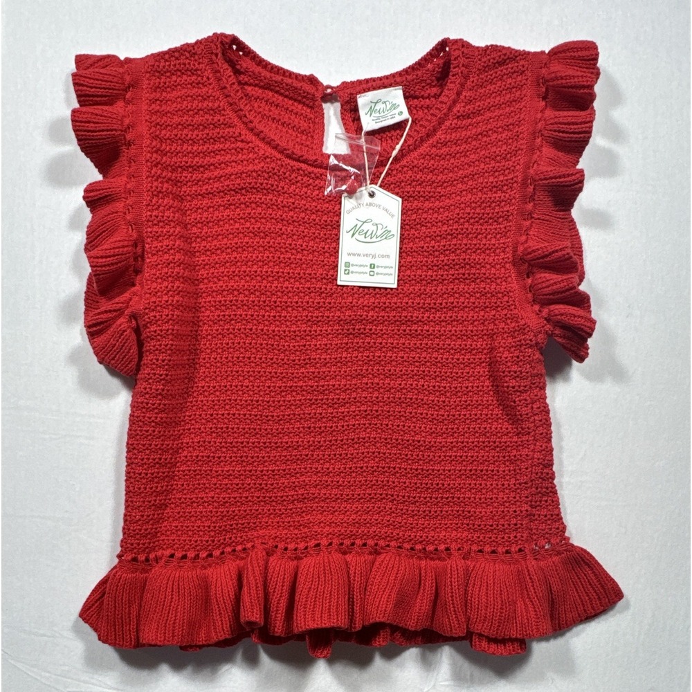 Very J Women's Red Knit Ruffle Sleeveless Crew Neck Sweater Size L MPN 12W3640N